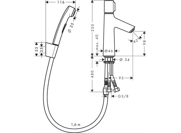 Servantbatteri Hansgrohe Talis Select S Med bidettedusj og 160 cm dusjslange