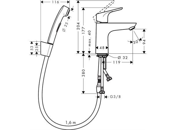 Servantbatteri Hansgrohe Focus 100 Krom Med bidettedusj og 160 cm dusjslange