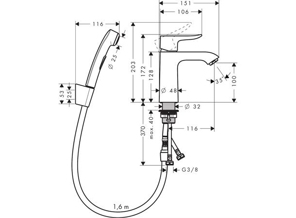 Servantbatteri Hansgrohe Metris Classic med bidettedusj - Krom -