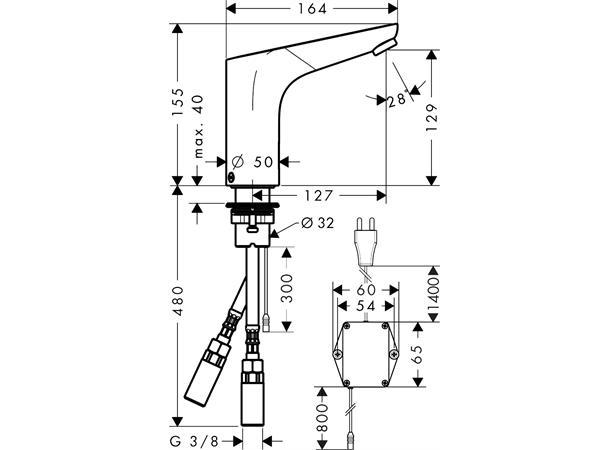 Elektronisk Servantbatteri Hansgrohe Focus 230V med temperaturregulering