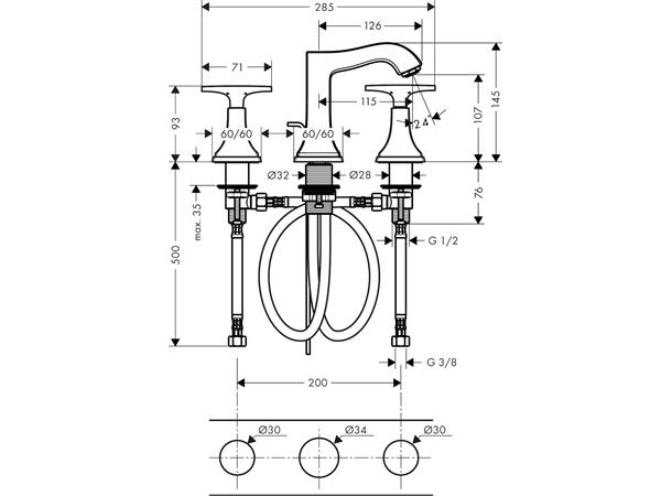 Servantbatteri Hansgrohe Metropol 110 Classic med oppløftventil - Krom/gull -