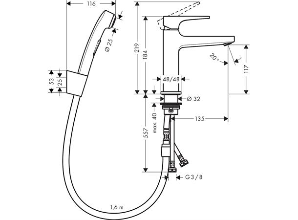 Servantbatteri Hansgrohe Metropol Krom Med bidettedusj og 160 cm dusjslange