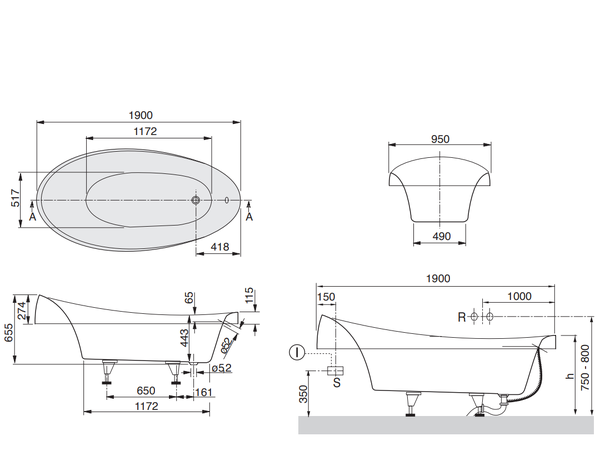 Badekar V&B Aveo Quaryl 190x95cm